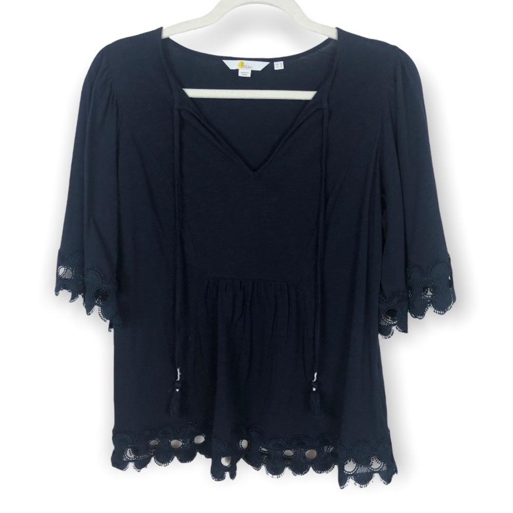 BODEN Navy Comfy Tassel Lace Hem Top size 8